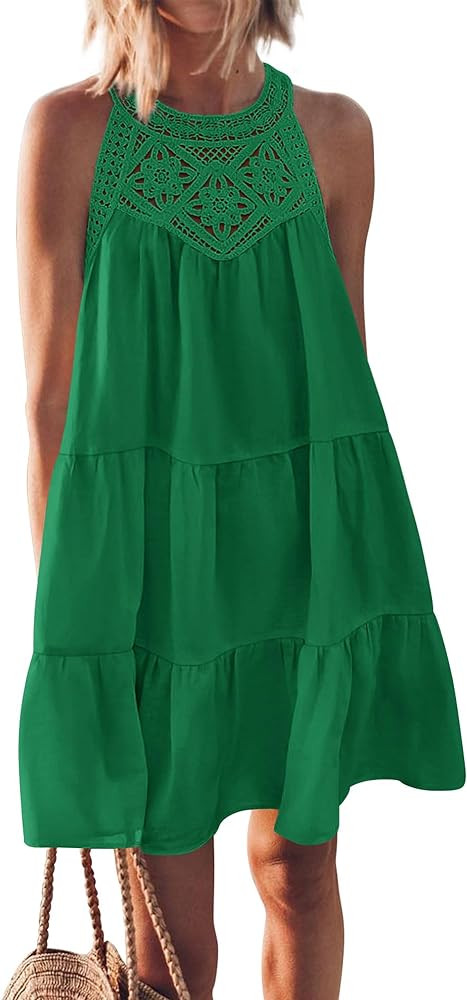 BTFBM Women Summer Halter Dresses Casual Spring 2025 Sleeveless A-Line Tiered Swing Mini Dress Be... | Amazon (US)
