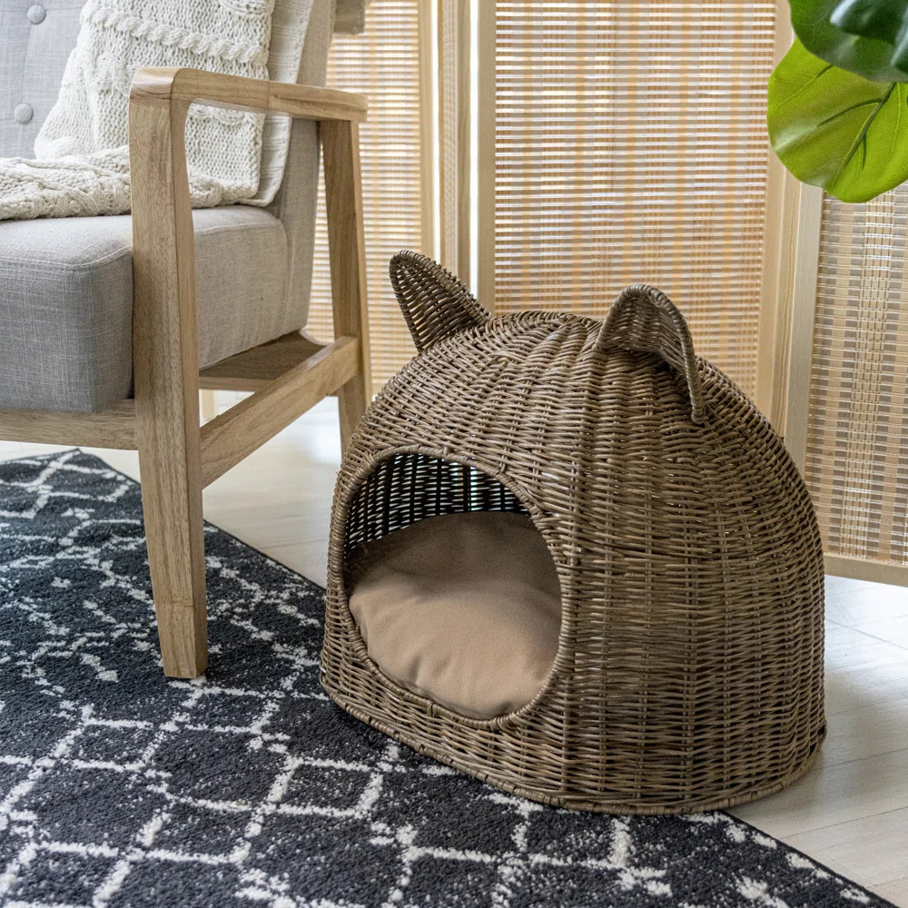 Tucker Murphy Pet™ Emiliann Cat Ear Coastal Handwoven Rattan Cat Bed with Machine-Washable Cush... | Wayfair North America