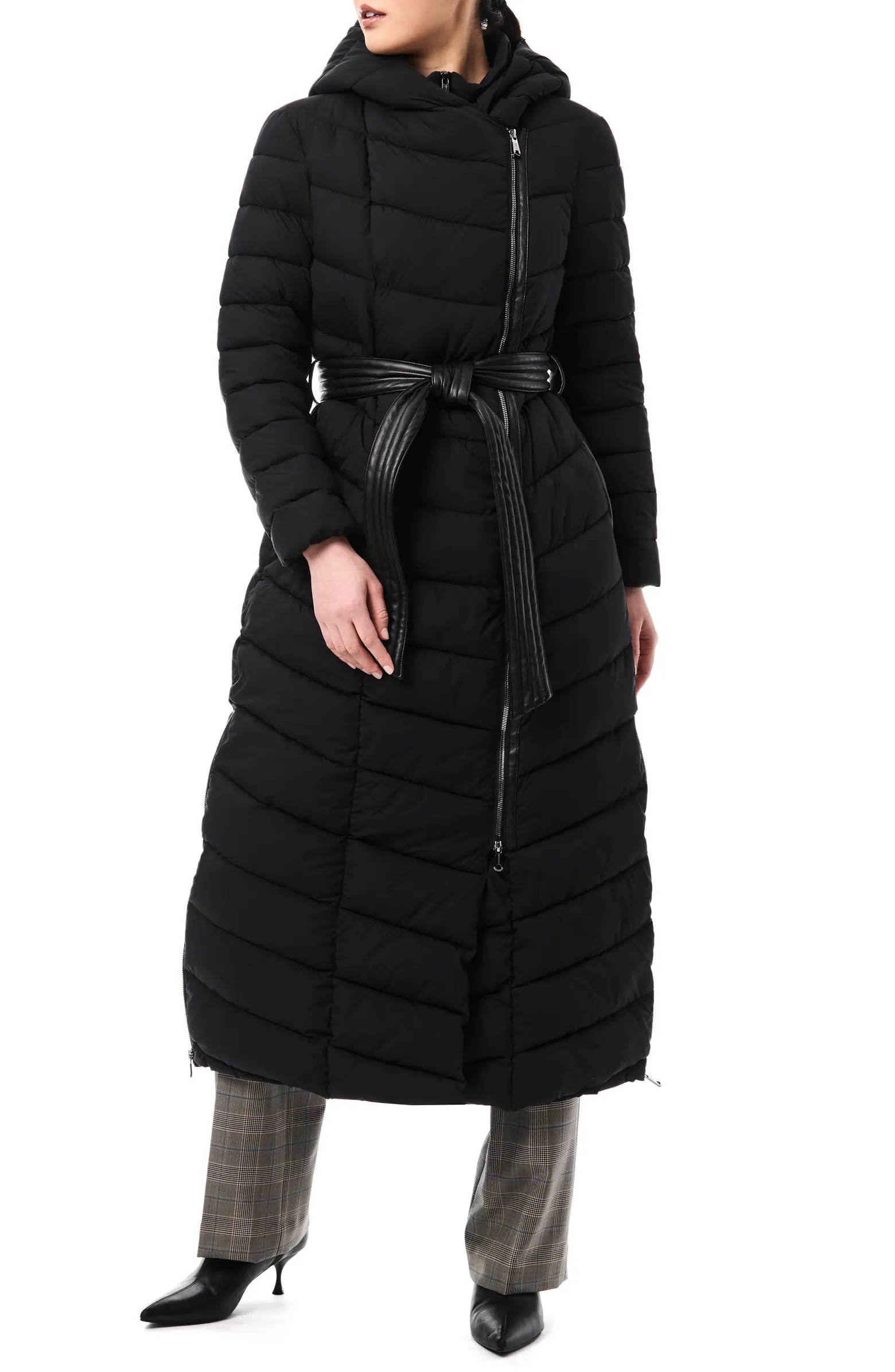 Bernardo Belted Longline Hooded Puffer Jacket with Removable Bib | Nordstrom | Nordstrom