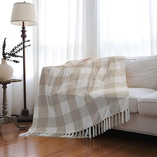 Beige White Buffalo Plaid Decor Blanket, Lightweight Soft Chenille Check Knitted Rustic Farmhouse... | Amazon (CA)