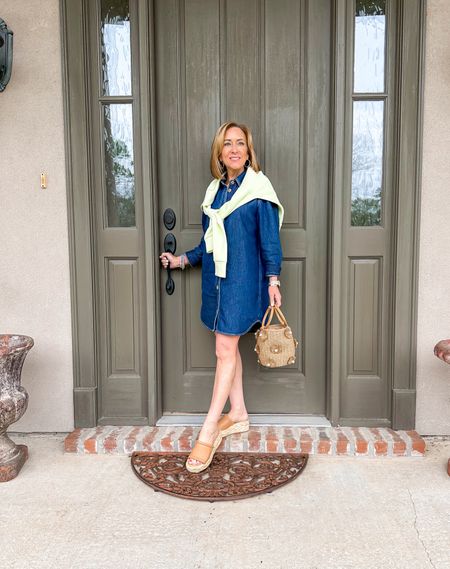 The denim dress that’s just right for spring. It’s pretty enough on its own, or with a sweater thrown over your shoulders. 

Flatform shoes 
Denim Dress
Straw purse


#LTKshoecrush #LTKstyletip #LTKover40