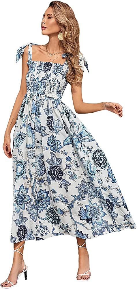 Floerns Women's Summer Boho Floral Print Tie Strap A Line Long Maxi Dress | Amazon (US)