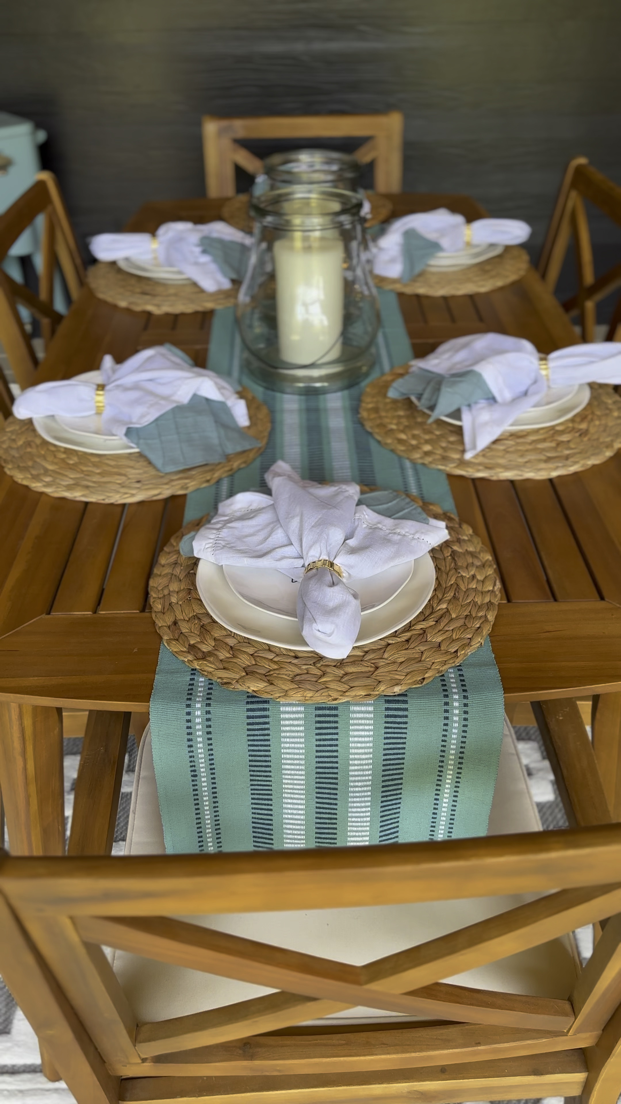 Outdoor dining. Fun blues and bright whites.  Teak outdoor table. 

#LTKhome