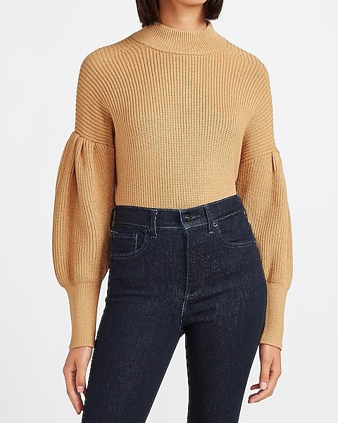 Ribbed Mock Neck Balloon Sleeve Sweater | Express