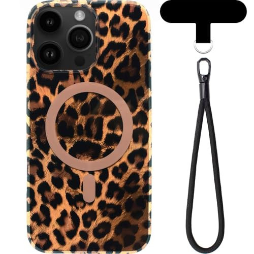 DERIUJHNVF Brown Leopard Print Phone Case for iPhone 15 Pro (6.1inch) - Compatible with MagSafe - 10ft Drop Tested, Soft Cheetah Protective Phone Case Cover with Wrist Lanyard Strap for Girls Women | Amazon (US)