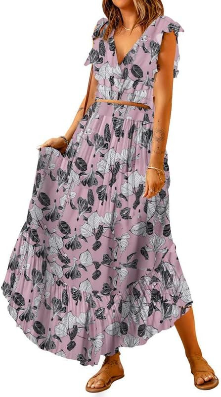 Dokotoo Women's Boho Dress Deep V Neck 2 Piece Skirt Sets Ruffle Cap Sleeve Tie Waist Wrap Chiffo... | Amazon (US)