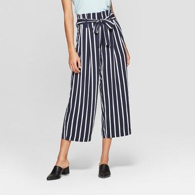 Women's Striped Wide Leg Paperbag Crop Pants - A New day™ Navy/White | Target