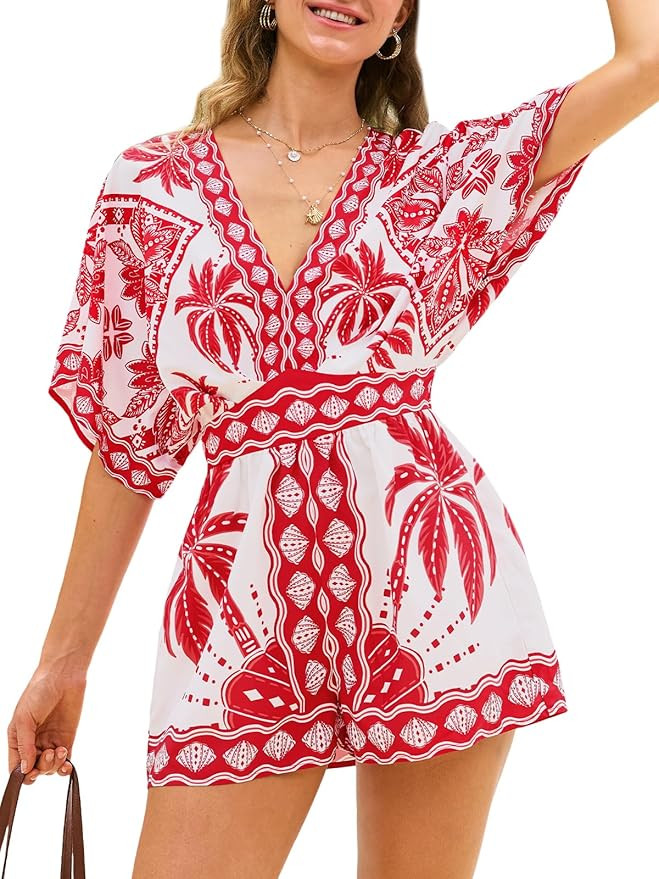CUPSHE Rompers for Women Summer Casual V Neck Sleeveless Short Jumpsuit One Piece Outfit Beach Va... | Amazon (US)