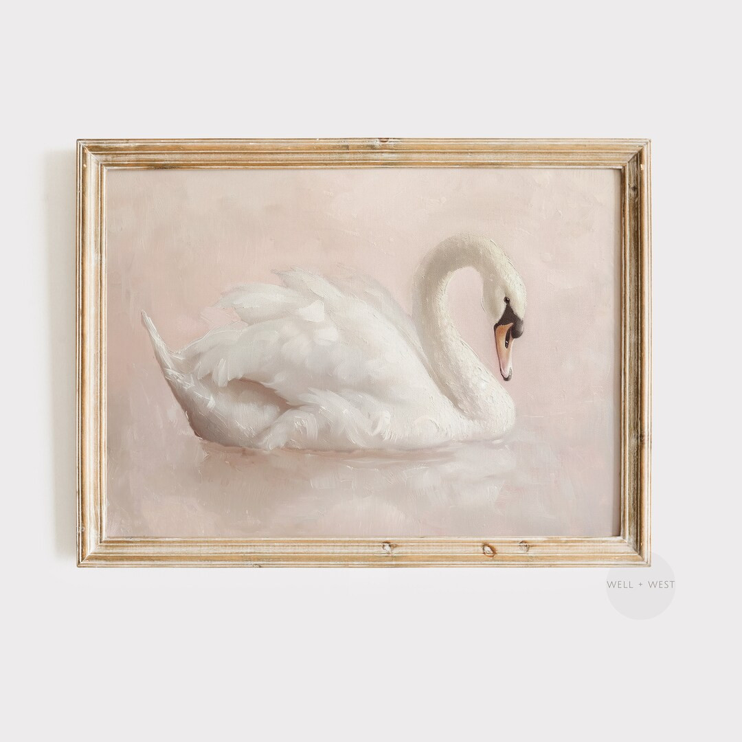 Swan Art Print | Antique White Swan Painting | Light Pastel Pink Artwork | Vintage Printable Wall... | Etsy (US)