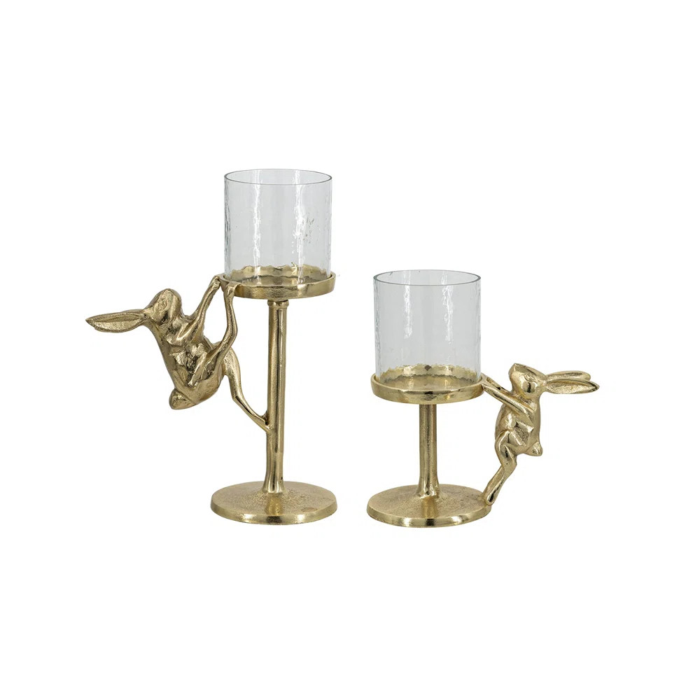 Set Of 2 Gold Rabbit Pillar Candle Holder With Clear Glass Hurricane Shade, S:7X4x7.5" L:7.9X4x11... | Wayfair North America