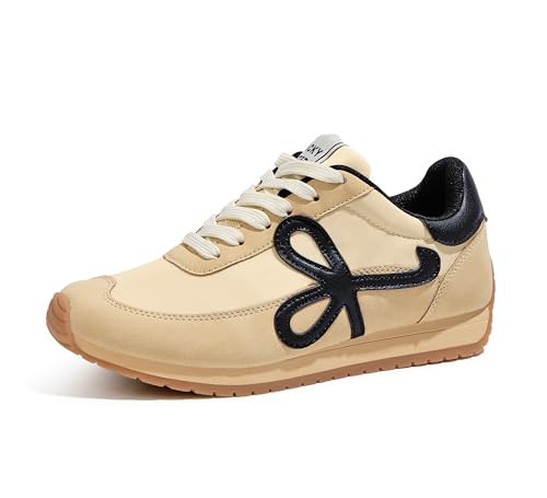 LUCKY STEP Women's Fashion Sneakers Trendy Stylish Low Top Classic Retro Casual Ladies Comfortable Running Walking Shoes(Beige/Black,9 B(M) US) | Amazon (US)