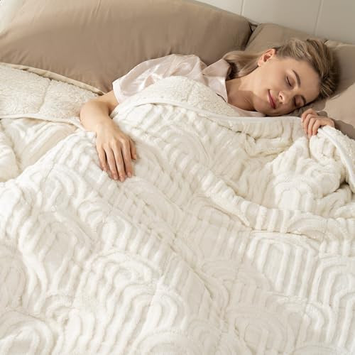 Cottonblue Jacquard Weighted Blanket for Adults 15 lbs Queen Size, Soft Fluffy Sherpa Fleece Weighted Blankets Throw 60" x 80" for Sleep Relax, Fuzzy Warm Arch Heavy Blanket for Bed Couch, Cream White | Amazon (US)