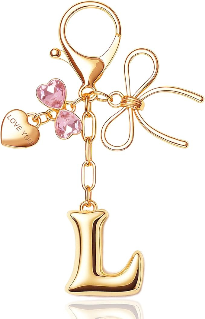 Gold Bubble Initial Keychain with Bow Decoration Bag Charms for Women, Cute Purse Handbag Accesso... | Amazon (US)