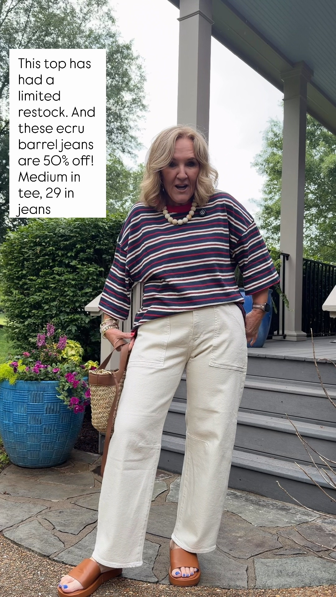Avara striped tee size medium 
Ecru jeans size 29 and they’re 50% off today

#LTKOver40 #LTKSeasonal #LTKSaleAlert