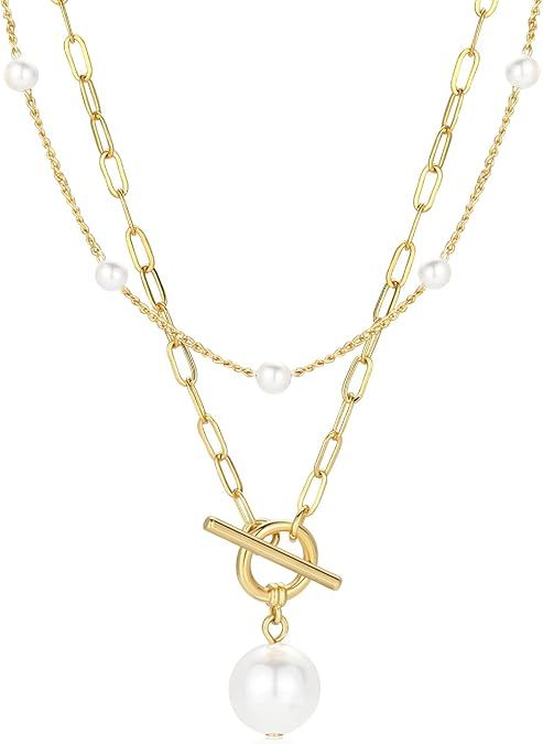 Gold Layered Pearl pendant Necklaces, 18K Gold Plated Initial Paperclip Link Chain Necklace Neckl... | Amazon (US)