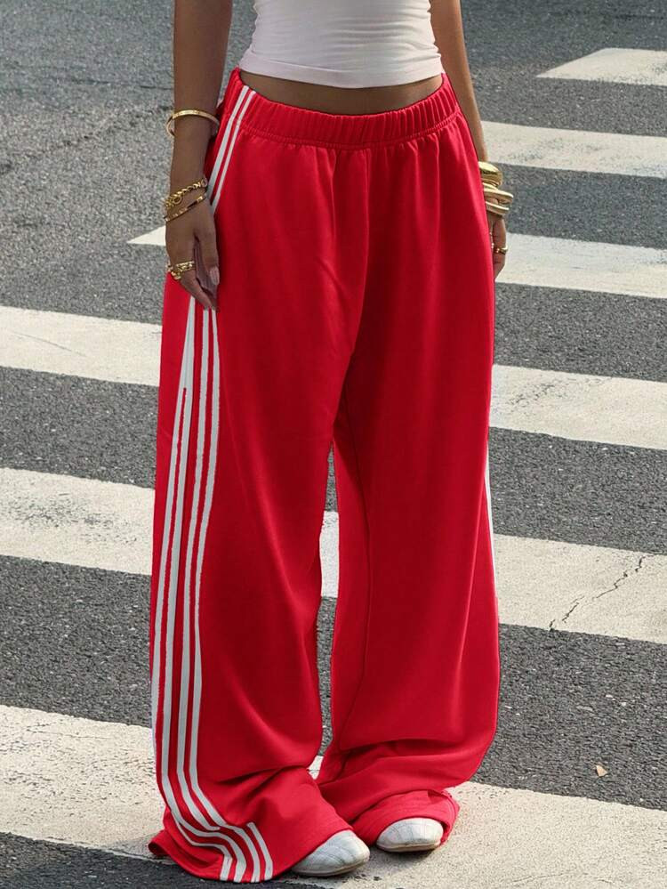 Muchica Women's Casual Sports Style Elastic Waist Contrast Striped Side Loose Wide Leg Sweatpants Red Wide Leg Sweatpants Women Wide Leg Pants | SHEIN