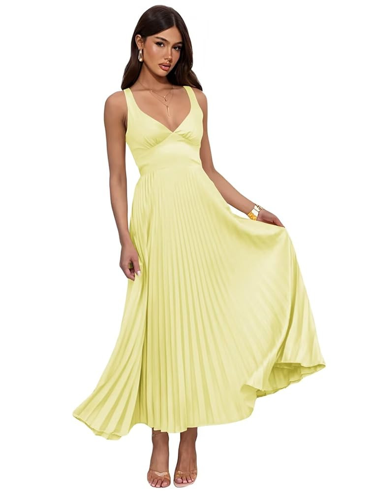 Long Satin Bridesmaid Dresses for Women Pleated V-Neck Prom Dress A-Line Formal Evening Gown | Amazon (US)
