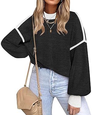 Fall Clothes for Women 2024 Trendy Fashion Oversized Sweaters Color Block Long Sleeve Knited Pull... | Amazon (US)