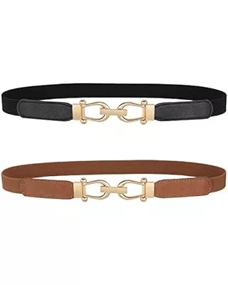 Jasgood Leather Skinny Women Belt Thin Waist Belts For Dresses Up To 37  Inches With Golden Buckle 2 Pack