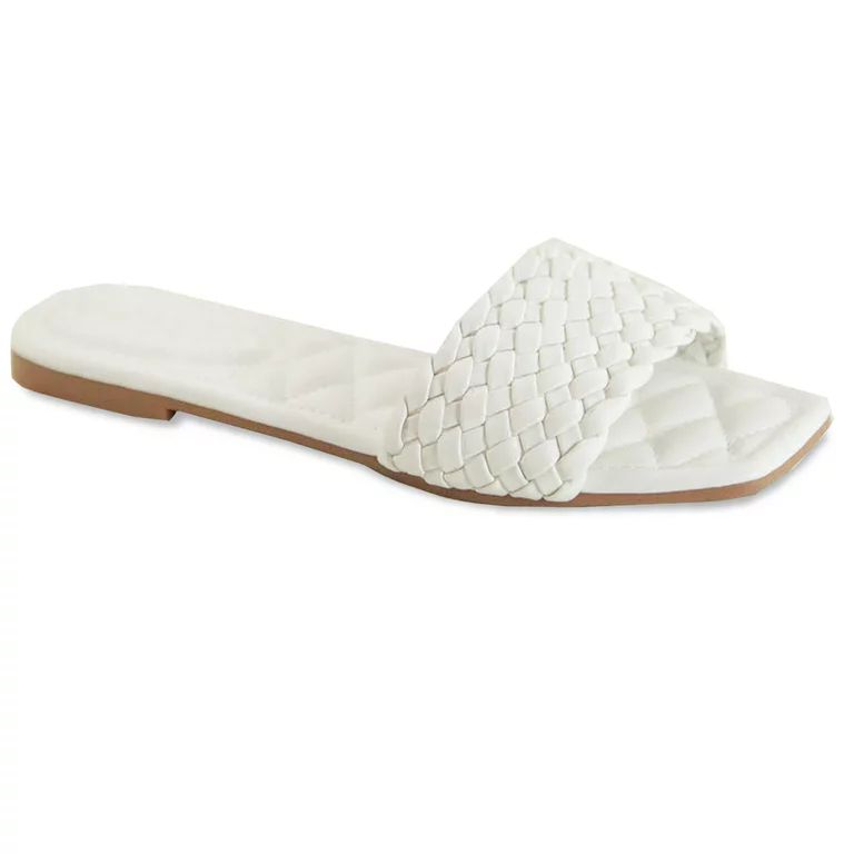 SNJ New Women's Braided Quilted Single Band Strap Flat Square Toe Open Slide Sandal - Walmart.com | Walmart (US)