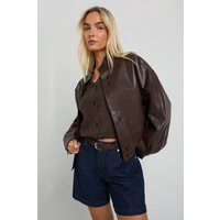 Womens Bubble Hem Faux Leather Bomber Jacket - Brown - 6 | boohoo (US & Canada)
