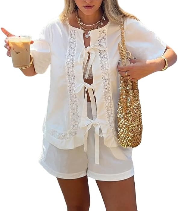 Womens Summer Pajama Sets 2 Piece Outfits Short Sleeve Tie Front Top and Shorts Cotton Lounge Set | Amazon (US)