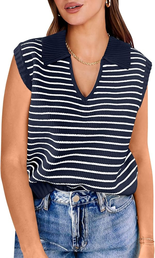 ANRABESS Women Summer Tank Tops Striped Sleeveless Polo V Neck Knit Sweater Vest Shirts 2025 Tren... | Amazon (US)