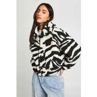 boohoo Women's Zebra Funnel Neck Teddy Bomber Jacket | Size: 12 | Denim | boohoo (US & Canada)