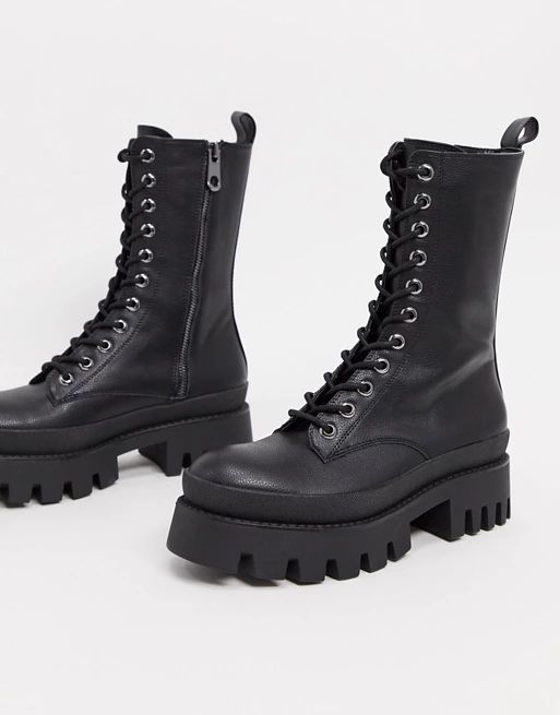 Bershka lace up biker boot with sole detail in black | ASOS (Global)