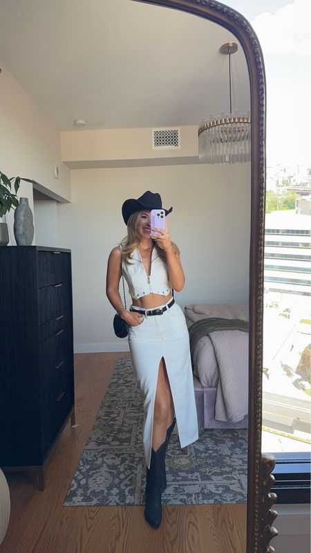 Western concert outfit. White denim skirt set. Cma fest look in my usual small/2 
Nippies code: 15emerson


#LTKParties #LTKStyleTip #LTKSeasonal