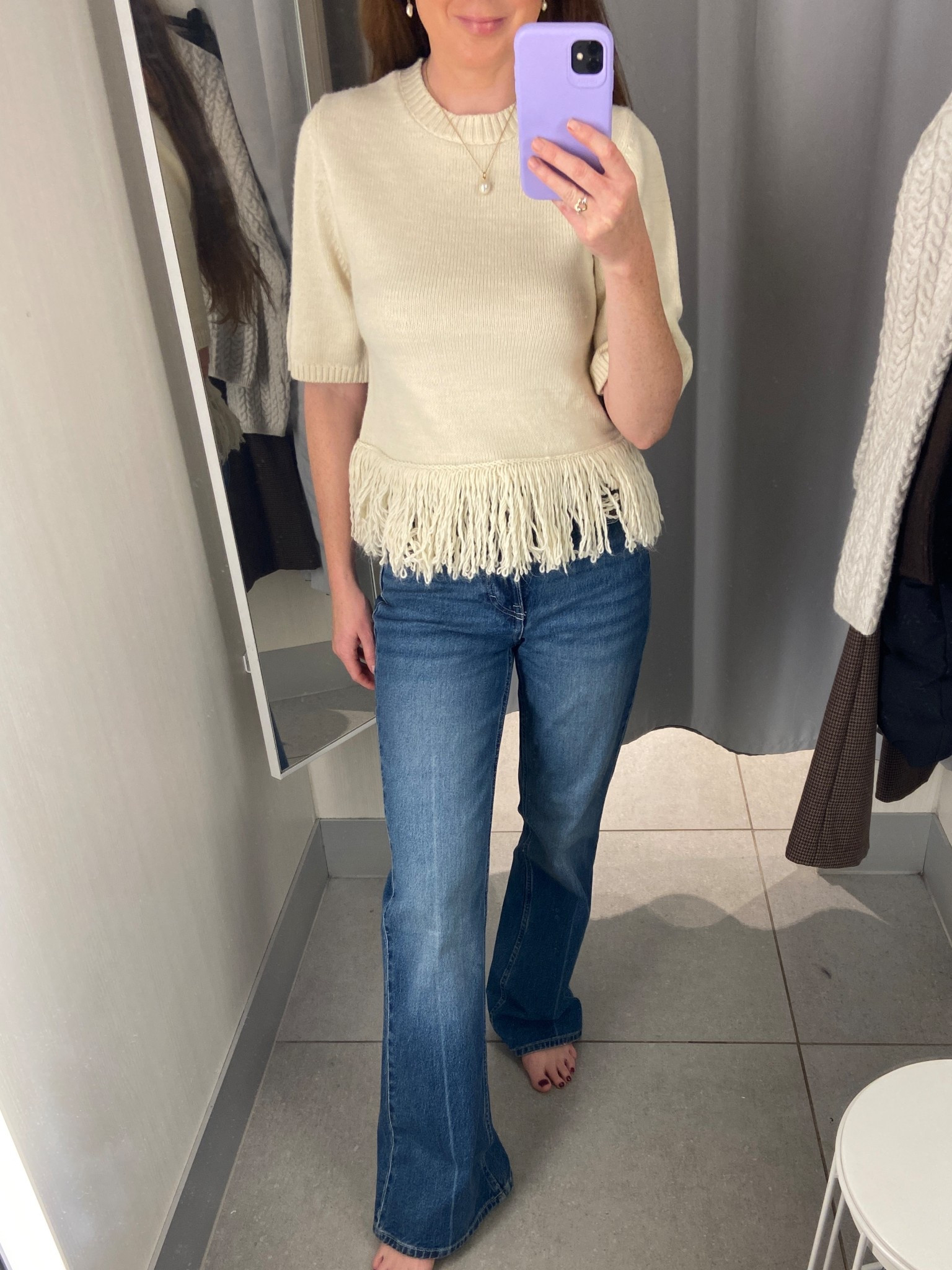 These new H&M flared jeans are giving major Victoria Beckham energy, sleek, timeless, and perfectly flattering. Paired with this cute H&M fringe top for the perfect Autumn drinks outfit! 🤎🍂 H&M currently have 15% off for members for 24 hours only and the perfect excuse to treat yourself 🍂 fringe top, flared jeans, autumn outfits #LTKAutumn 

#LTKOver40 #LTKSaleAlert #LTKSeasonal