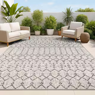 Ourika Moroccan Light Gray/Black 3 ft. 11 in. x 6 ft. Geometric Textured Weave Indoor/Outdoor Are... | The Home Depot