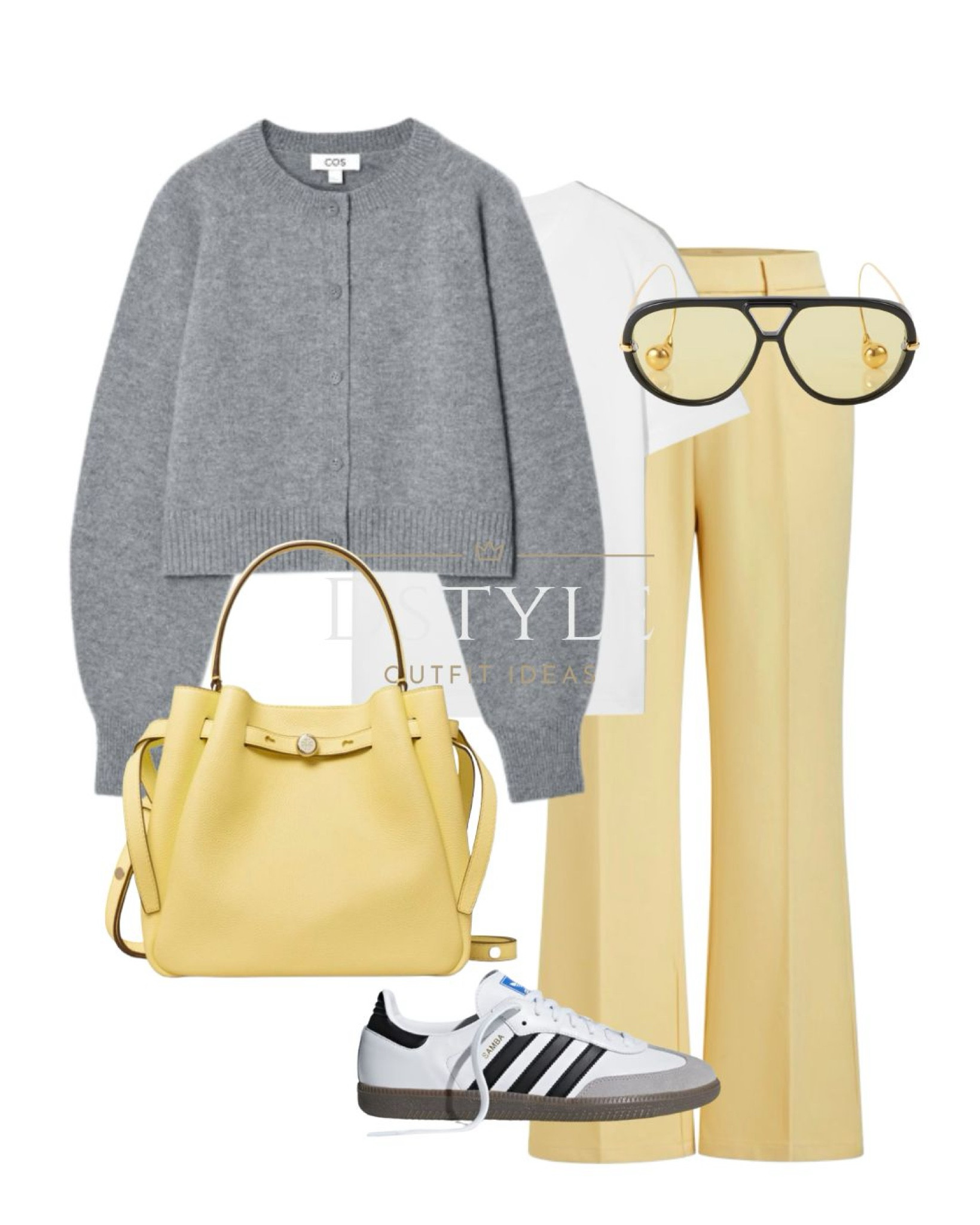Grey wool cardigan, white t-shirt, yellow flared trousers, lemon leather bucket bag, Adidas Samba sneakers 

 

#LTKSeasonal #LTKFindsUnder50 #LTKStyleTip