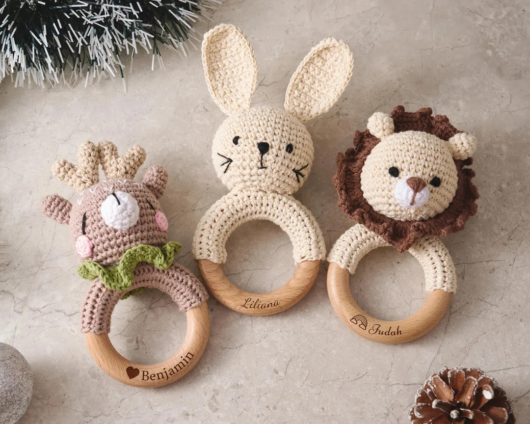 Custom Crochet Baby Rattle With Wooden Teether, Engraved Ring for Newborn, Handmade Animal Rattle... | Etsy (US)