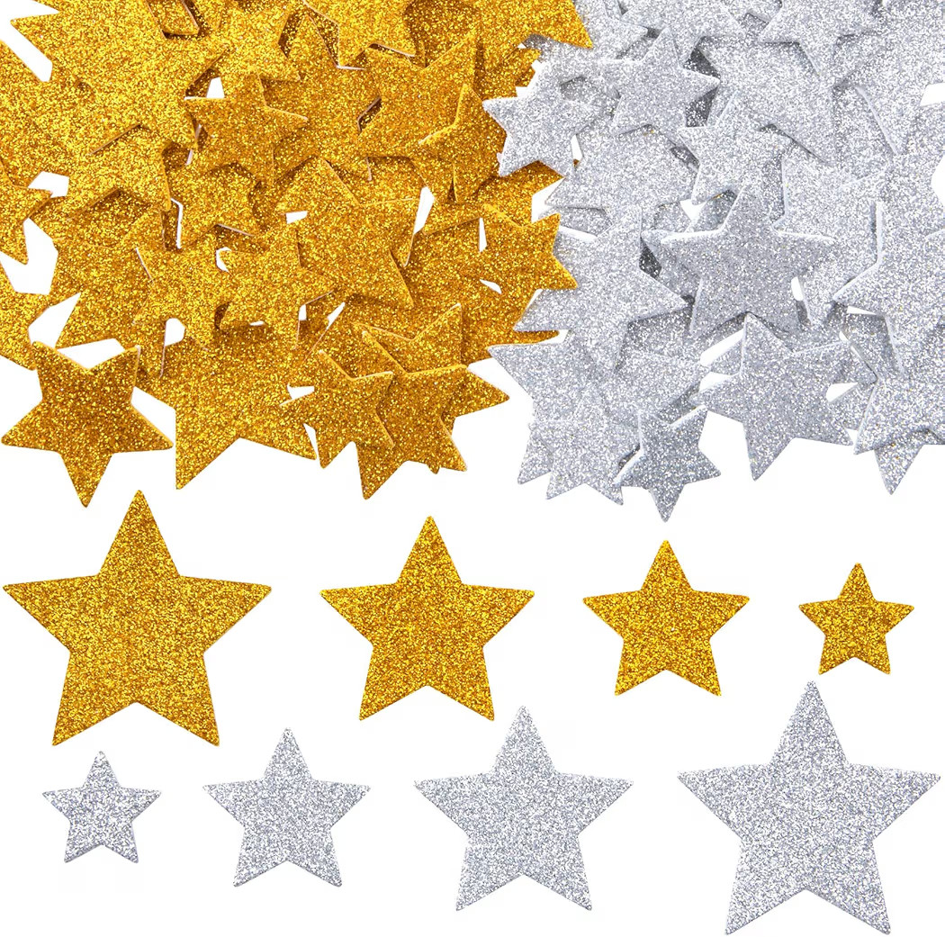 CustomyLife 100Pcsc Glitter Foam Star Stickers, 4 Sizes Gold Silver Star Stickers, Self Adhesive ... | Amazon (US)