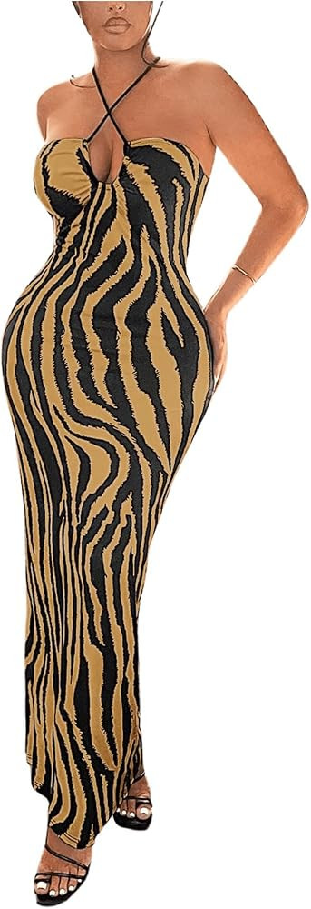 MakeMeChic Women's Zebra Striped Halter Neck Criss Cross Tie Backless Summer Cami Maxi Bodycon Dr... | Amazon (US)