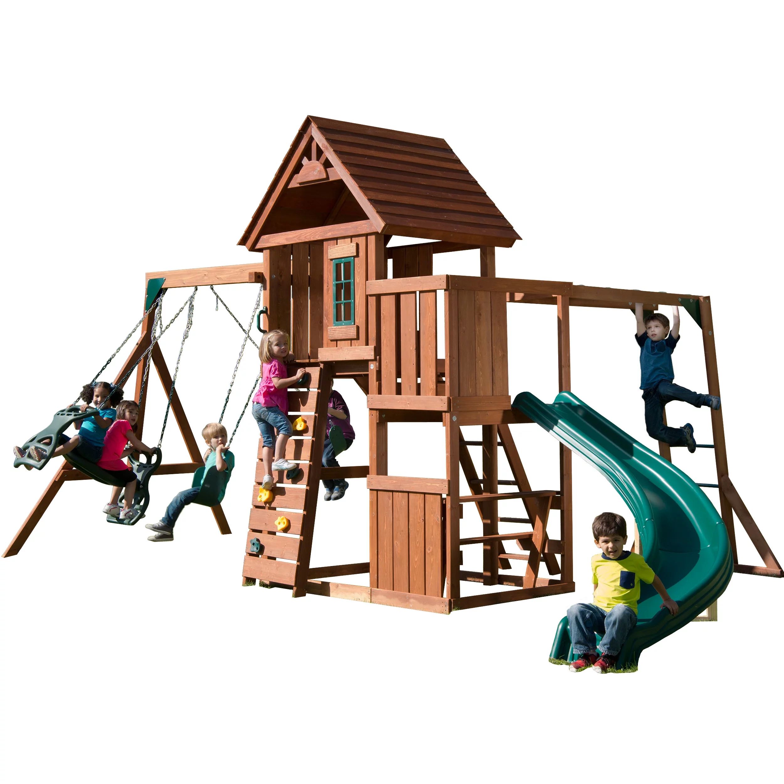 Swing-N-Slide Cedar Brook Wooden Backyard Play Set with Monkey Bars, Swings, Climbing Wall, and C... | Walmart (US)