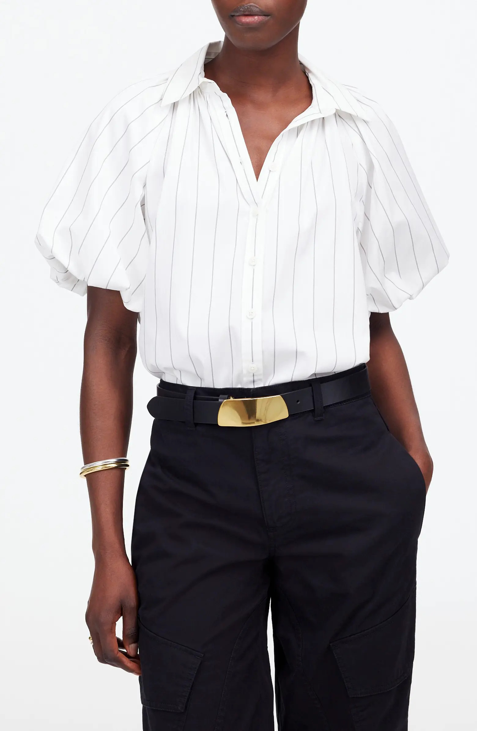 Stripe Shirred Bubble Sleeve Button-Up Shirt | Nordstrom