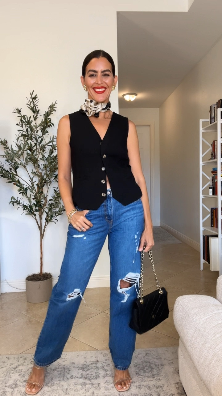 Wearing a size S in the vest that comes in a set with shorts. Available in many colors.
Size 28 R in jeans for a baggy fit. Usually a 25/26.
Lipstick is feels so grand.
Shoes are tts. 

#LTKOver40 #LTKVideo #LTKU