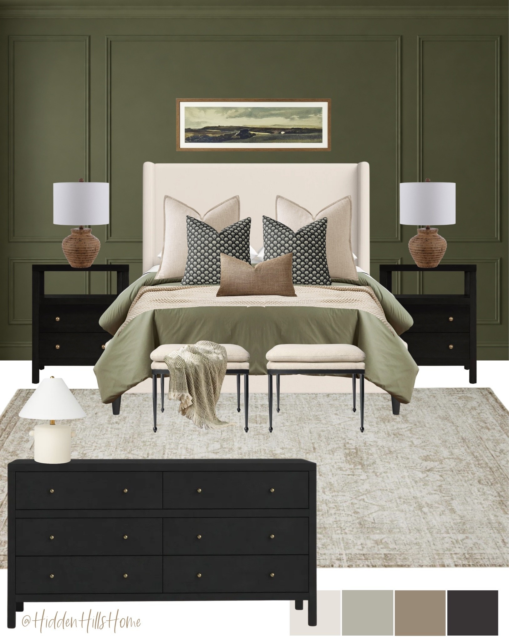 Cozy bedroom decor ideas! Bedroom mood board, bedroom design, home decor, bedding, master bedroom, nightstands, bedroom rug, bedroom inspiration