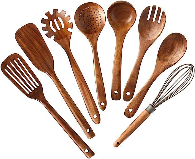 Wooden Kitchen Utensils Set, NAYAHOSE 8 Pcs Teak Wooden Spoons for Cooking Natural Wood Kitchen S... | Amazon (US)