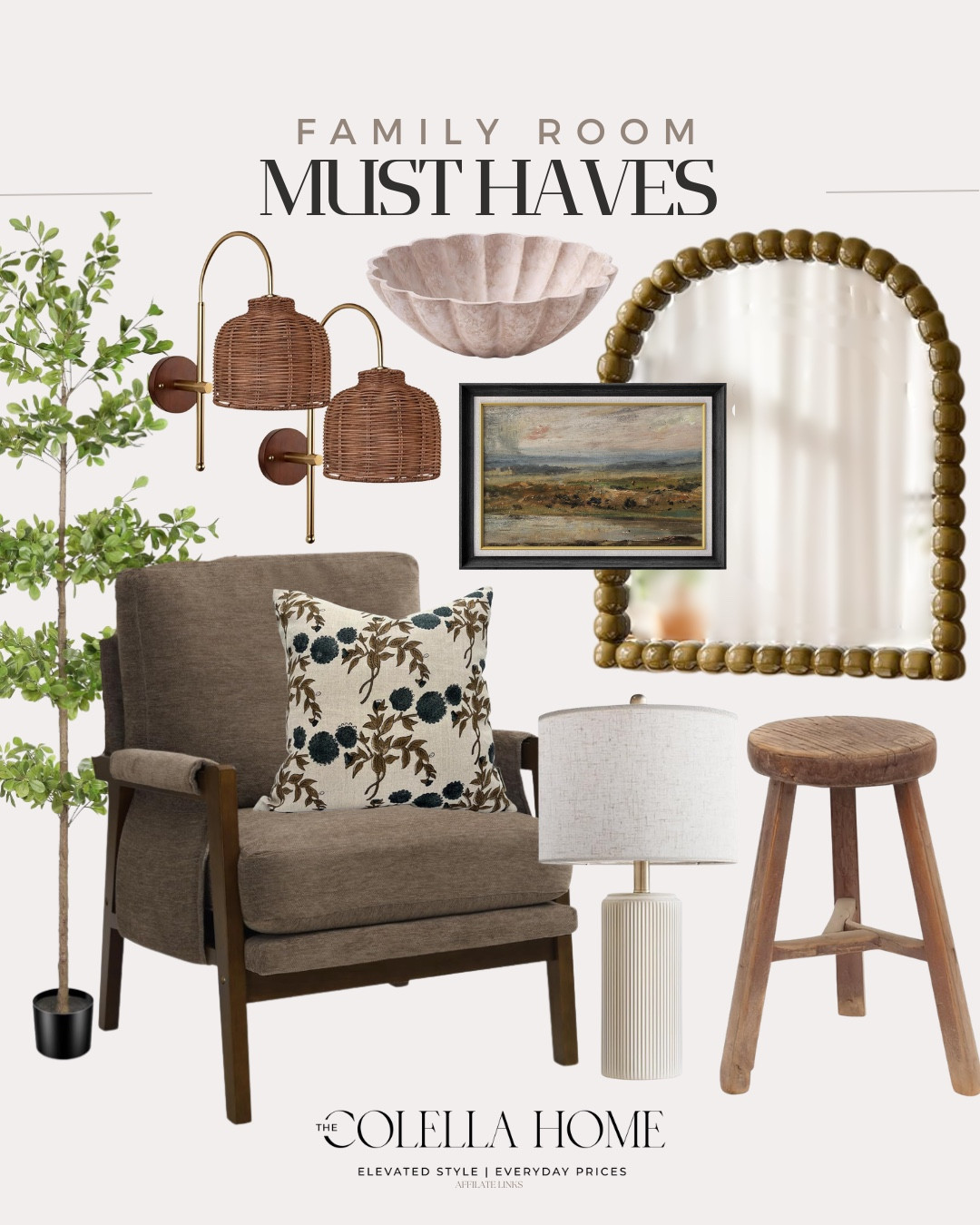 Family room must haves include stool, table lamp, accent chair, throw pillow, faux tree, sconces, decorative bo, arched mirror, wall art.

Home decor, styled home, neutral home decor 

#LTKHome #LTKSeasonal #LTKSaleAlert