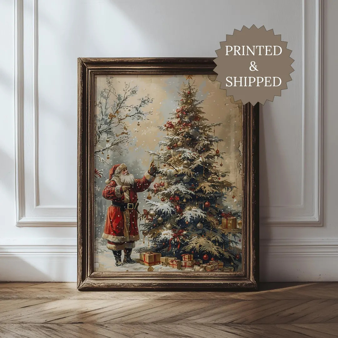 Vintage Christmas Santa Wall Art Print, Neutral Santa & Tree Drawing, Winter Forest Holiday Poste... | Etsy (US)