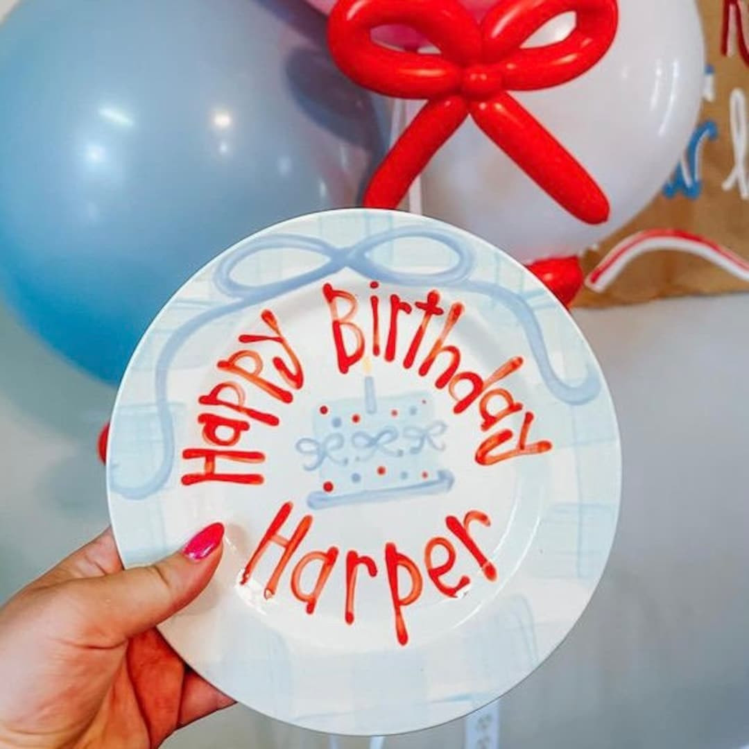 Girls preppy birthday plate // Blue gingham  ribbon // first birthday // red  white two // bows  ... | Etsy (US)