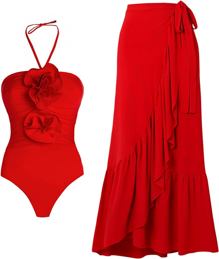 FLAXMAKER Sexy Halter 3D Flower One Piece Beach Vacation OOTD Swimsuit and Skirt Set | Amazon (US)