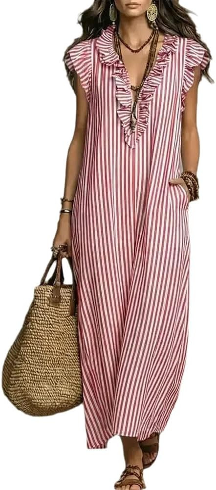 utcoco Womens 2026 Summer Casual Striped Maxi Dress Ruffle V Neck Sleeveless Loose Beach Dress wi... | Amazon (US)