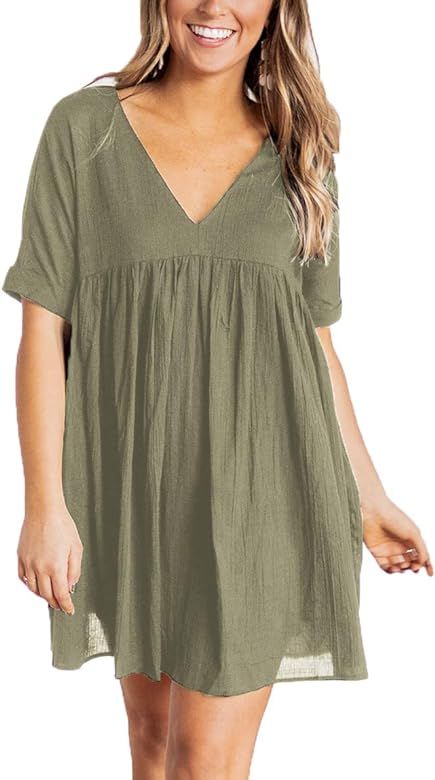 Women's Short Sleeve V Neck Pleated Loose Babydoll Solid Color Tunic Mini Dress | Amazon (US)