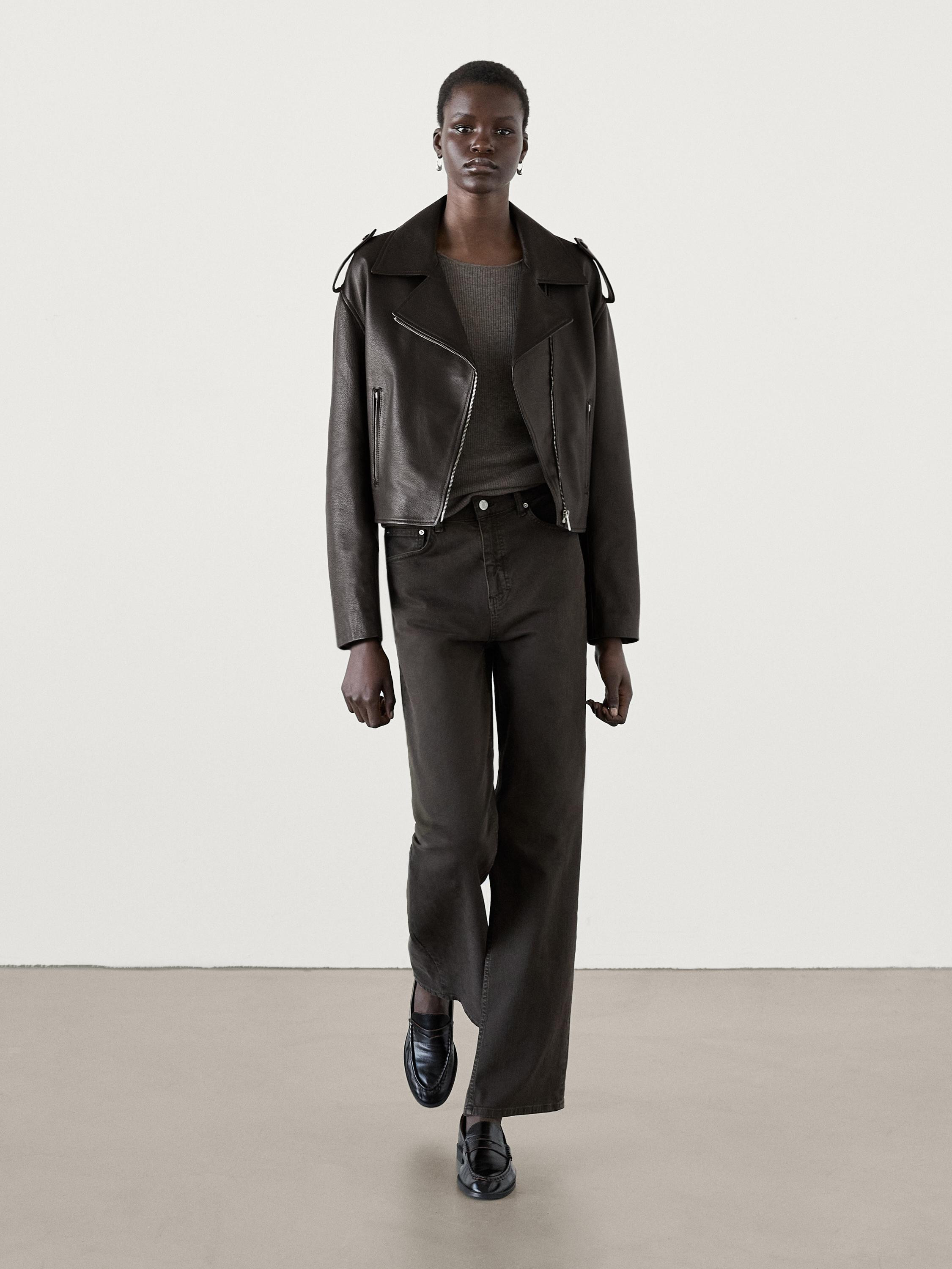 Braune Bikerjacke aus Nappaleder | Massimo Dutti DE