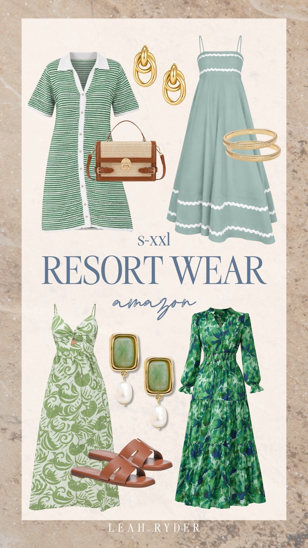 These Amazon resort wear pieces include green maxi dresses, printed sundresses, woven handbags, statement earrings, and easy slide sandals in sizes S–XXL. Perfect for beach vacations, tropical getaways, summer dinners, and warm-weather travel outfits. Flowing silhouettes and bold green prints create effortless resort styling. Affordable Amazon resort wear for polished vacation looks.

#LTKPlusSize #LTKTravel #LTKSeasonal