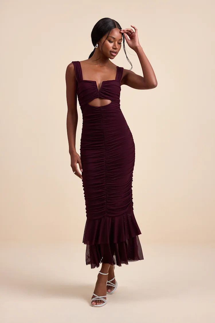 Aelara Dark Plum Mesh Ruched Trumpet Midi Dress | Lulus